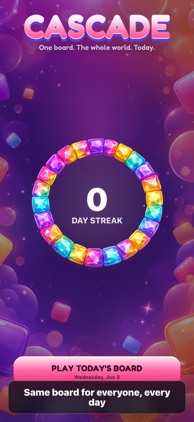 Cascade home screen showing the day-streak medallion and today's board