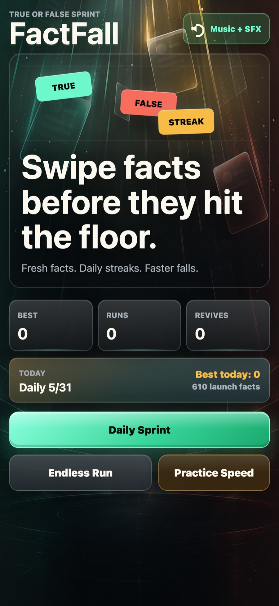 FactFall home screen with Daily Sprint, Endless Run and Practice Speed modes