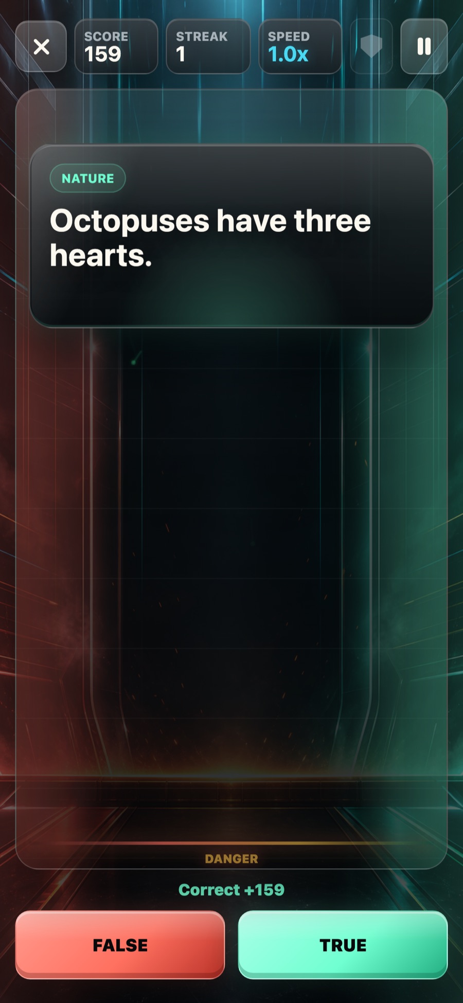 FactFall mid-run with a live score and streak counter as the speed ramps