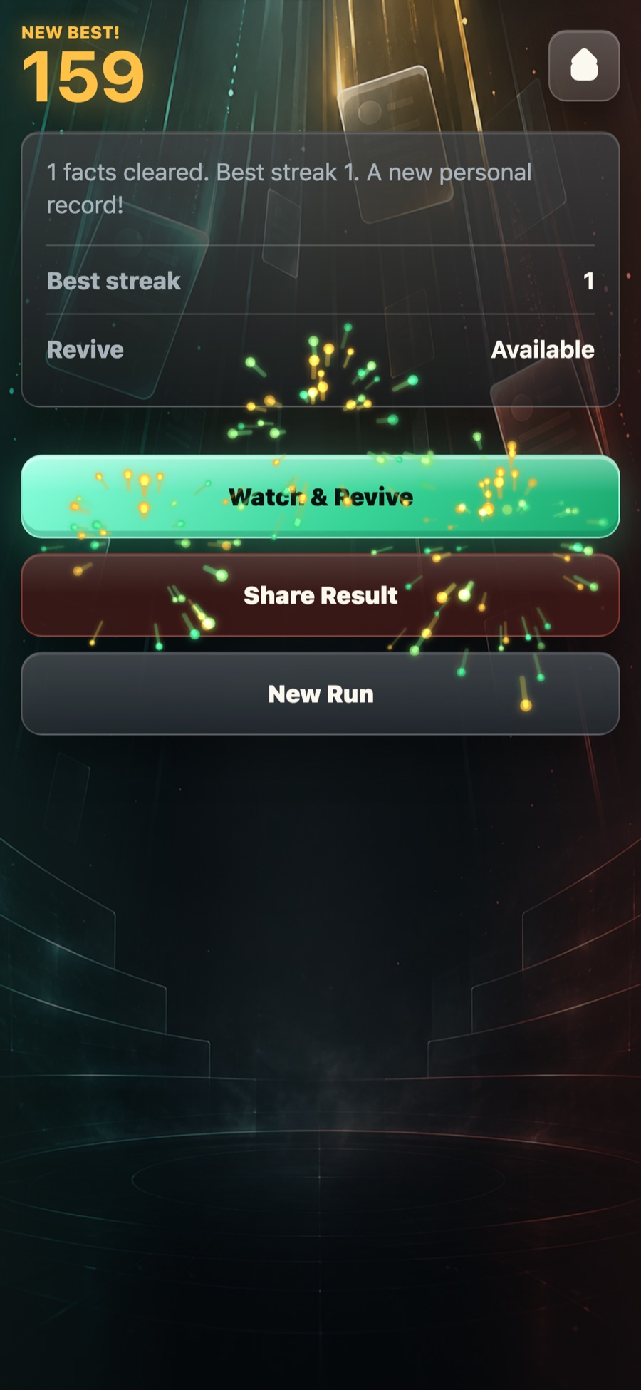FactFall results screen showing a new personal best with revive and share options
